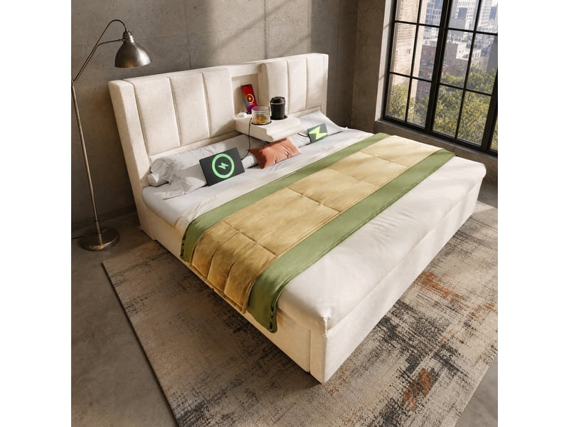 Lit double hydraulique 140 x 200 cm beige avec rangement, station de charge et porte-gobelets - Conforama C