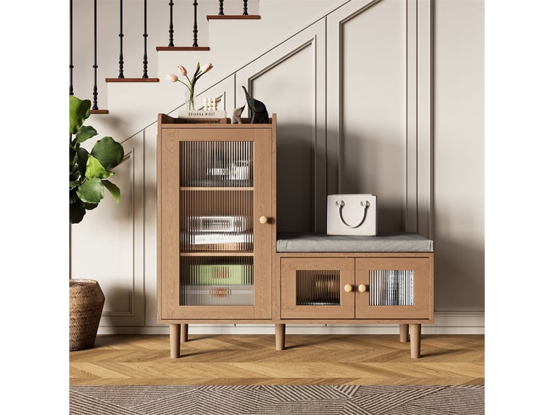  Meuble à chaussures 100x35x90 cm - banc d'entrée avec coussin, portes vitrées et étagères réglables - chêne naturel  - Conforama D