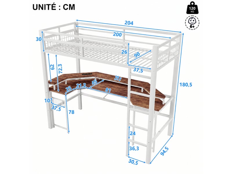Lit mezzanine 90 x 200 cm avec bureau intégré, cadre métallique et led multicolore, blanc - Conforama C