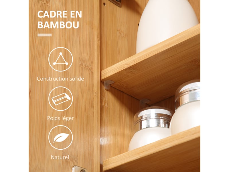 Armoire murale de salle de bain avec miroirs et 2 portes 65,2 x 14 x 50 cm en bambou - Conforama E