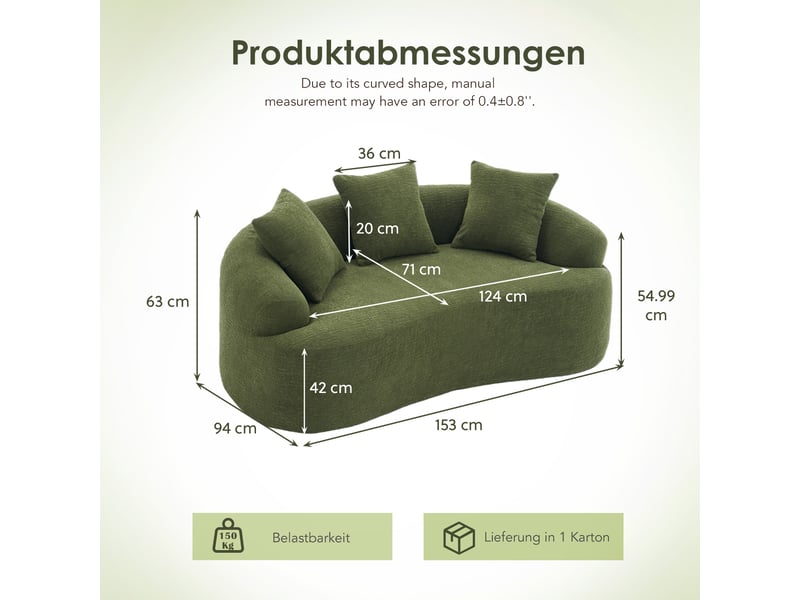  Canapé droit 2 places assise profonde et coussins inclus - forme courbée, chenille, vert  - Conforama D