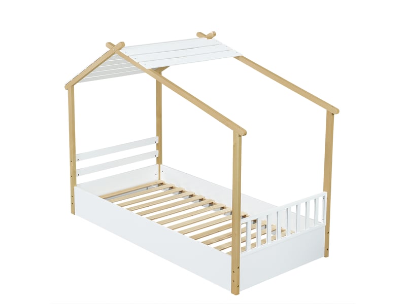  Lit cabane enfant 90x190 cm en bois avec sommier à lattes, cadre blanc et naturel, lit simple au design maison, blanc+natural  - Conforama W