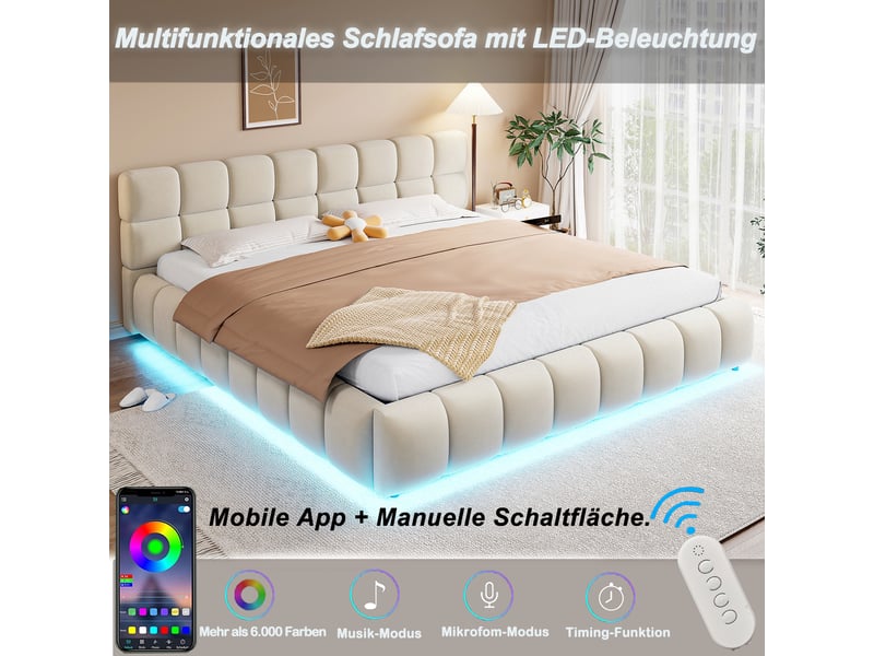 Lit coffre rembourré 180x200 cm, led multicolore par app, coffre hydraulique, tête de lit épaisse, sommier à lattes, velours - beige - Conforama C
