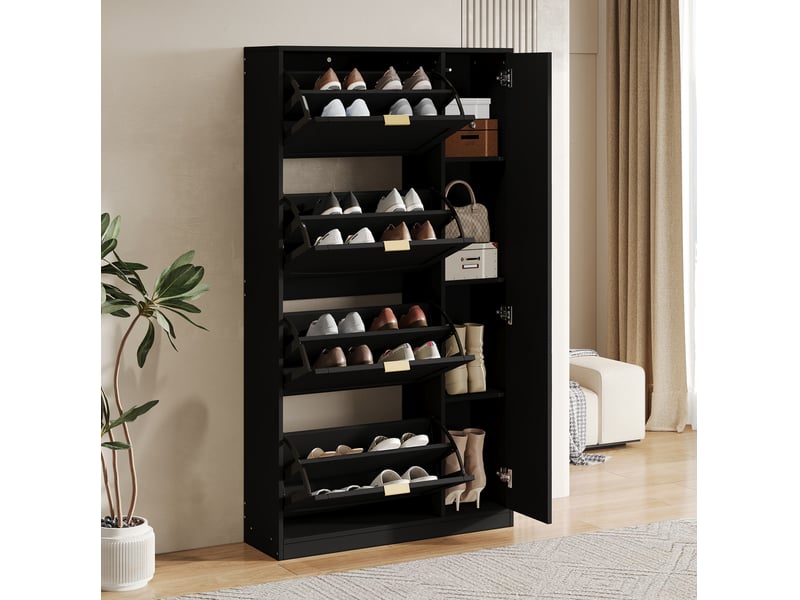 Meuble à chaussures avec miroir 80x147x24 cm, meuble d'entrée avec 5 portes, niches réglables, panneaux particules, noir  - Conforama W