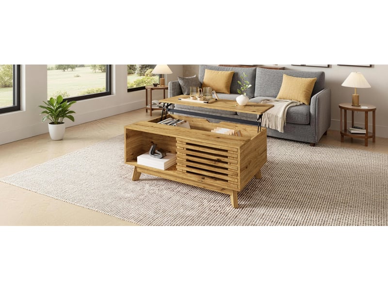  Table basse ulevr à plateau relevable avec rangement, porte coulissante à lames, 90 x 55 x 43,5-57,5 cm, mdf, coloris naturel  - Conforama E