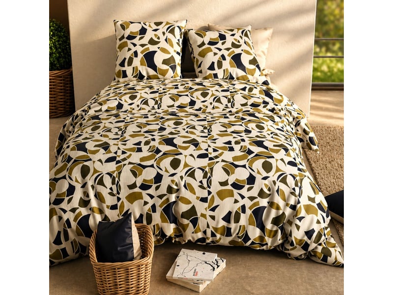  Parure housse de couette 260x240cm + 2 taies motif ethnique ecru et kaki 100% coton - leekyo LEEKYO - Conforama C