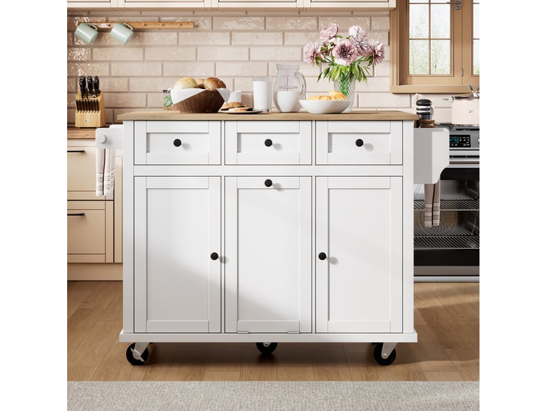 Îlot de cuisine mobile extensible 112x46,2-76,2x92,7cm compartiment poubelle roulettes tiroirs portes mdf, blanc+nature - Conforama D