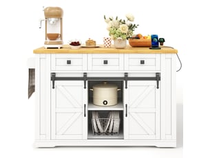 Desserte de cuisine mobile avec 3 tiroirs, portes coulissantes, plan rabattable et prises 130 × 80 × 87 cm