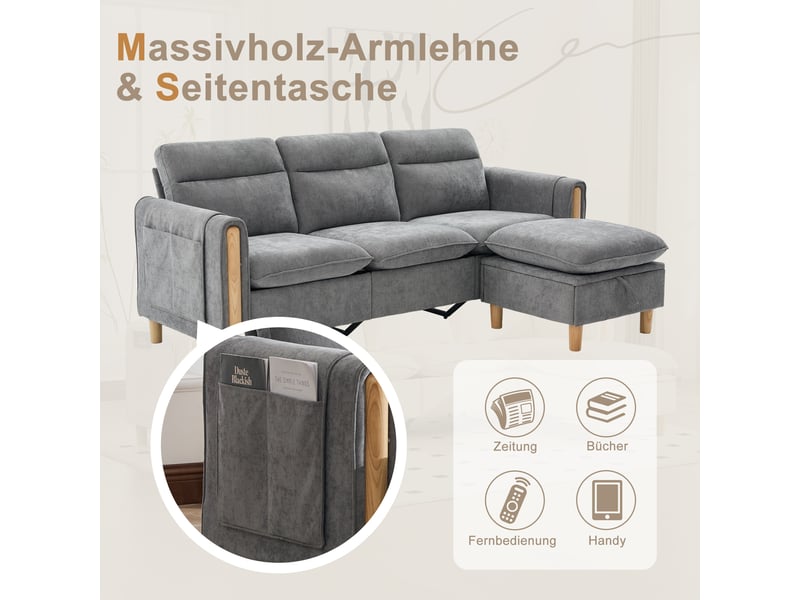 Canapé d'angle, canapé 3 places, en chenille, poches latérales, avec pouf, pour salon et séjour, adapté à l'espace de vie - Conforama E
