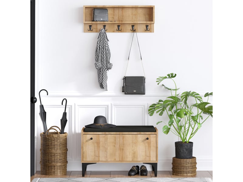 Meuble d'entrée avec meuble à chaussures banquette et vestiaire mural en bois luana  - Conforama C