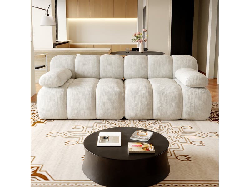  Canapé droit 2 places compressé 200x100x68 cm en mousse douce et tissu chenille couleur blanc, moderne  - Conforama B