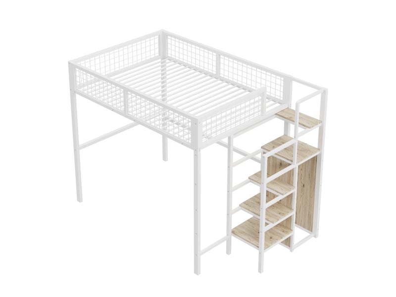  Lit mezzanine métal blanc 140x200 cm avec échelle et étagère de rangement  - Conforama A