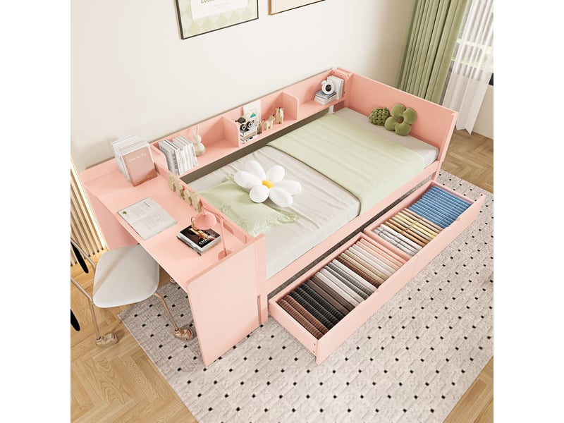  Lit plat en bois 90x200cm, rose, sans matelas, bureau, 2 tiroirs, étagères, pin et panneau de particules  - Conforama E