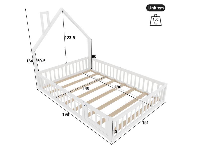  Lit enfant 140 × 190 cm 2 places avec barrière de sécurité et forme cheminée, sans matelas, en pin et mdf, blanc  - Conforama D
