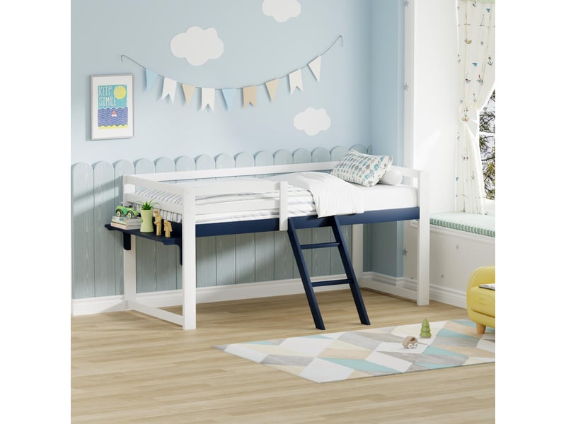  Lit mezzanine 90x200cm - lit enfant en pin massif avec échelle, barrière de sécurité &amp; étagère - blanc  - Conforama C