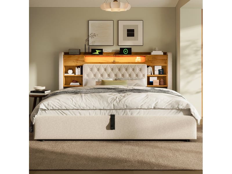  Lit coffre 140x200 cm avec led, usb et rangement coloris beige  - Conforama E