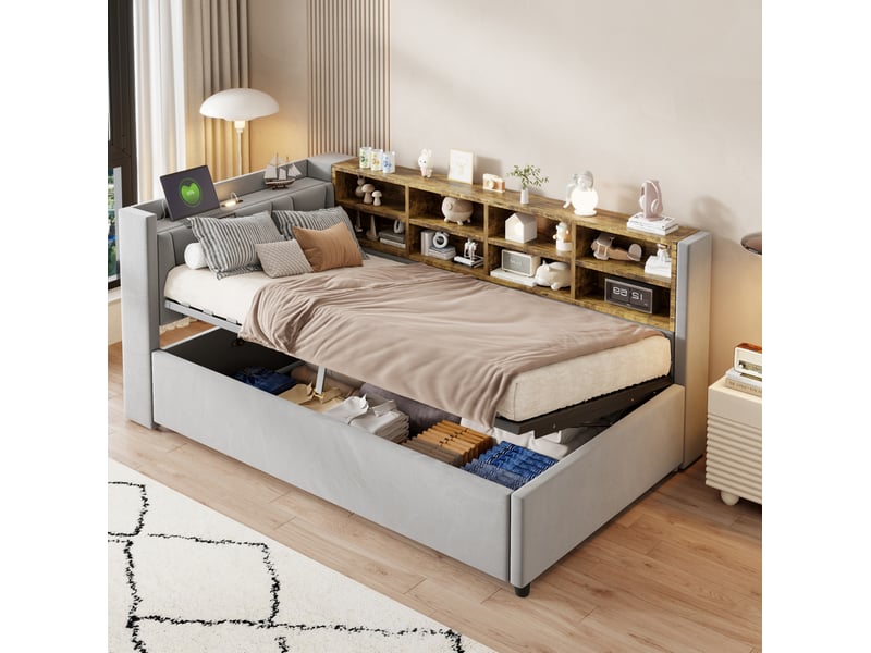  Lit coffre 90x200 cm en velours gris clair avec veilleuse et ports usb  - Conforama B