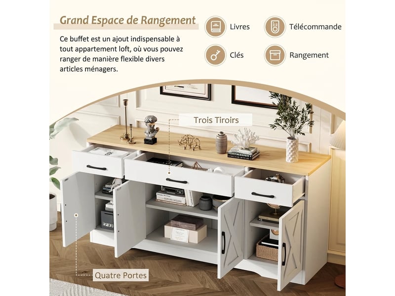  Buffet blanc moderne meuble de rangement en bois 160 cm - 3 tiroirs 4 portes design scandinave  - Conforama D