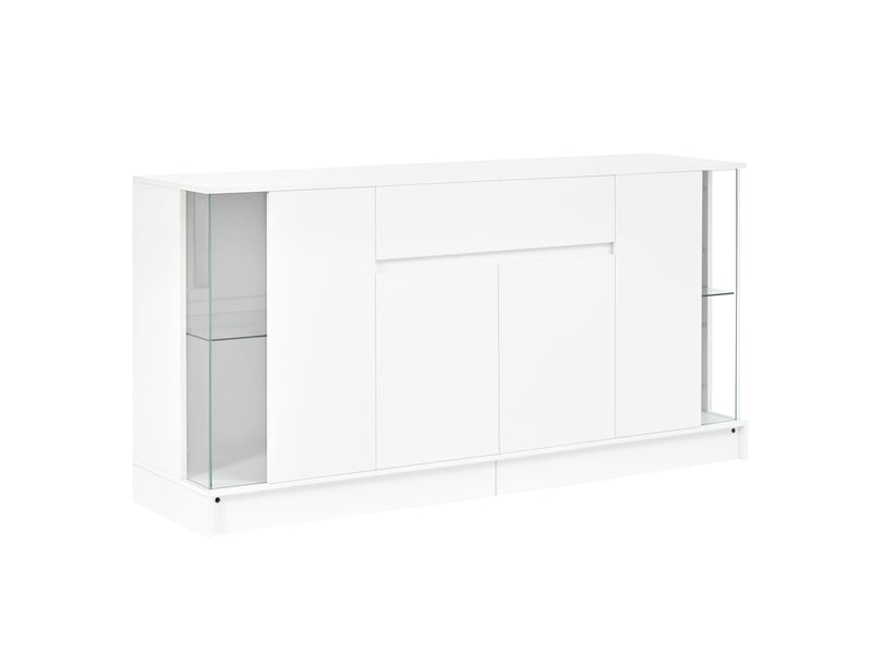  Buffet led, 6 portes, 1 tiroir, vitrines latérales et étagères réglables, façades brillantes, 150 × 40 × 75 cm, blanc  - Conforama A