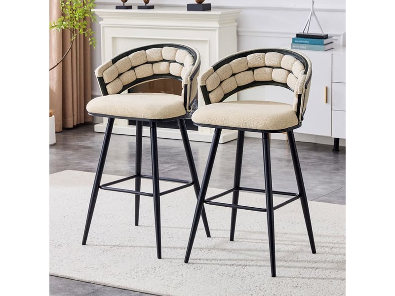  Tabouret de bar moderne - velours beige - pieds en fer noir - dossier tressé - repose-pieds intégré - confort durable 56x50.5x98.5cm - Conforama B