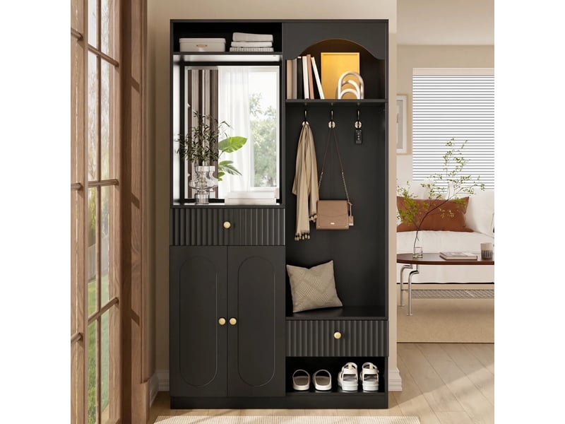  Vestiaire d'entrée avec miroir et banc à chaussures noir mdf led 100x35x180 cm  - Conforama C