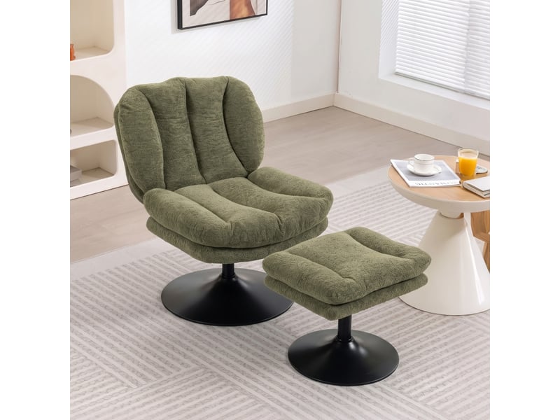 Fauteuil pivotant avec pouf réglable en hauteur, dossier enveloppant et assise rembourrée en velours polyester vert - Conforama B