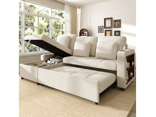 Canapé d'angle droit convertible FLORAGRACE 3 places Tissu beige avec coffre de rangement