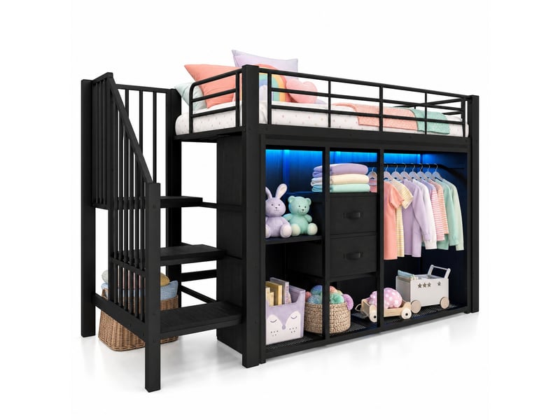  Lit mezzanine 90x200 cm avec 2 tiroirs, dressing ouvert et led multicolore noir  - Conforama A