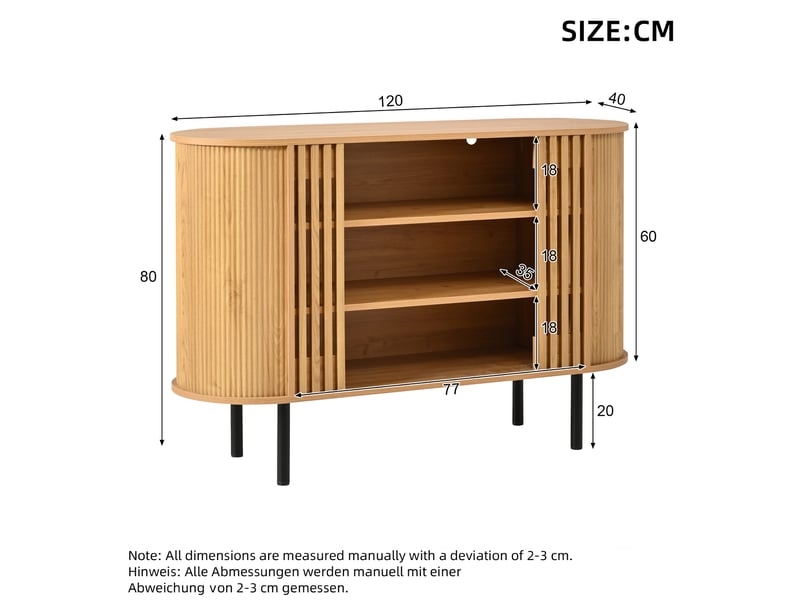 Buffet 120x40x80 cm à compartiments ouverts en mdf, pieds en métal, couleur naturel, design simple - Conforama C