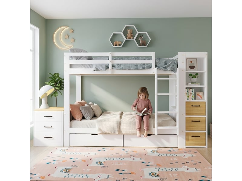  Lit superposé enfant 90 x 200 cm en bois, 2 tiroirs, meuble de rangement latéral, chevet mobile, échelle, blanc evarich - Conforama B