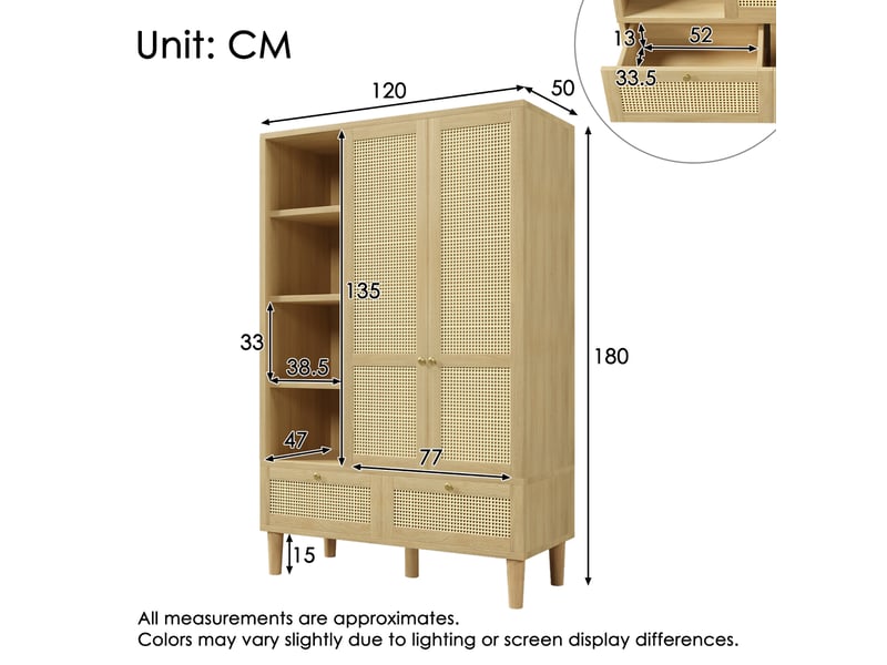  Armoire de chambre 180x120x50 cm avec portes en cannage rotin, armoire dressing avec tringle, étagères, 2 tiroirs et pieds en bois massif, effet chêne Seren Glow - Conforama C