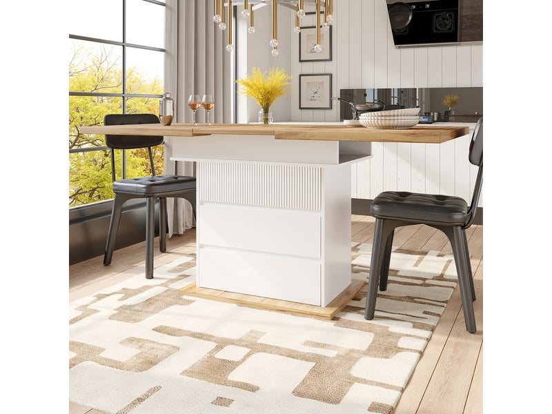  Table de salle à manger extensible avec rangement et fermeture douce 110-140×80×75 cm en mdf blanc naturel  - Conforama C