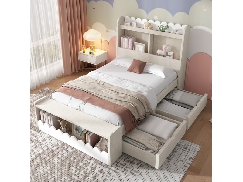  Lit enfant avec tiroirs et rangements 90x200 cm, blanc et chêne clair  - Conforama B