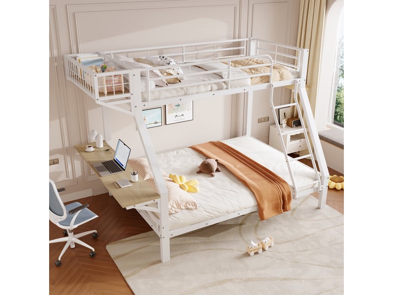  Lit superposé 3 places 90 x 200 et 140 x 200 cm avec bureau et rangement ouvert réversibles, lit double et simple en métal blanc avec garde-corps  - Conforama C