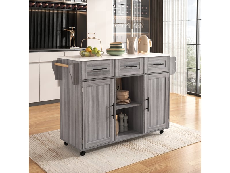  Îlot de cuisine gris avec plateau rabattable et effet marbre blanc, chariot de service avec rangement, 139x46x91.5 cm  - Conforama E
