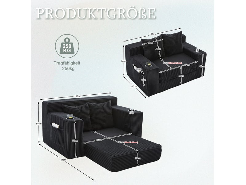  Canapé-lit 2 places 151x133x64 cm noir en velours côtelé, 2 coussins, porte-gobelet et rangement latéral  - Conforama C