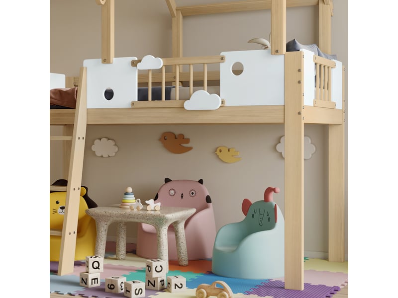  Lit superposé en bois massif et mdf blanc et naturel 90x200 cm  - Conforama E