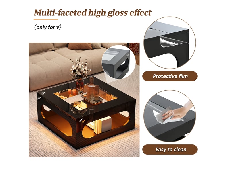  Table basse carrée 70x70x35 cm avec led, design évidé au milieu et plateau en verre, meuble de salon, mdf, noir  - Conforama E