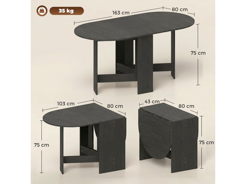 Table de cuisine pliante ovale à abattants, style moderne, 163 x 80 x 75 cm, noire  - Conforama E