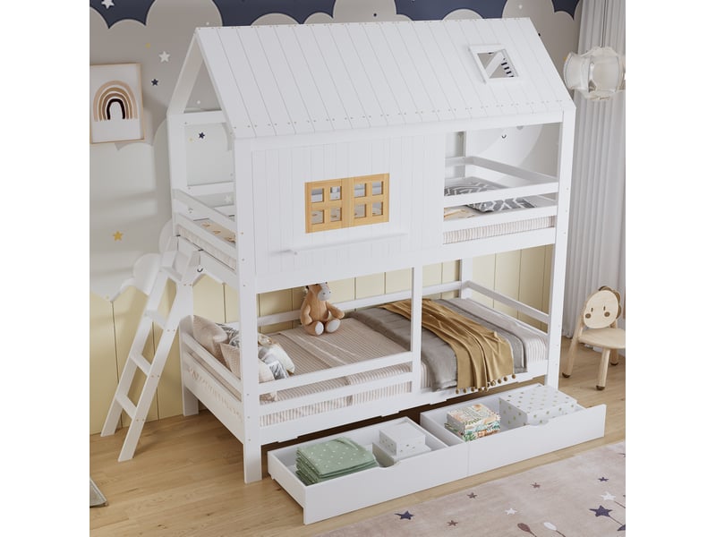  Modenvie lit superposé enfant 90x200 cm - avec toit, fenêtres et 2 tiroirs, sans matelas - blanc  - Conforama D