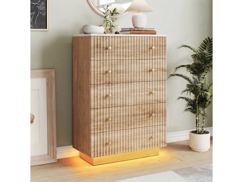  Commode 5 tiroirs - 73x40x111cm - meuble de rangement en bois avec façades ondulées, poignées laiton &amp; led rgb - chêne  - Conforama B