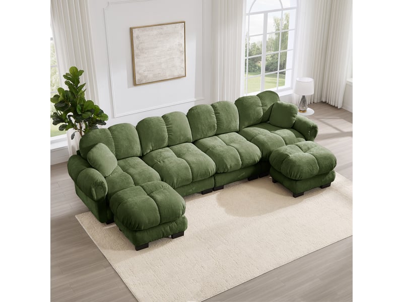 Canapé modulable 4 places 330 cm canapé droit en tissu chenille avec 2 pouf mobile, design matelassé, coussins épais, dossier ergonomique, vert Seren Glow - Conforama D