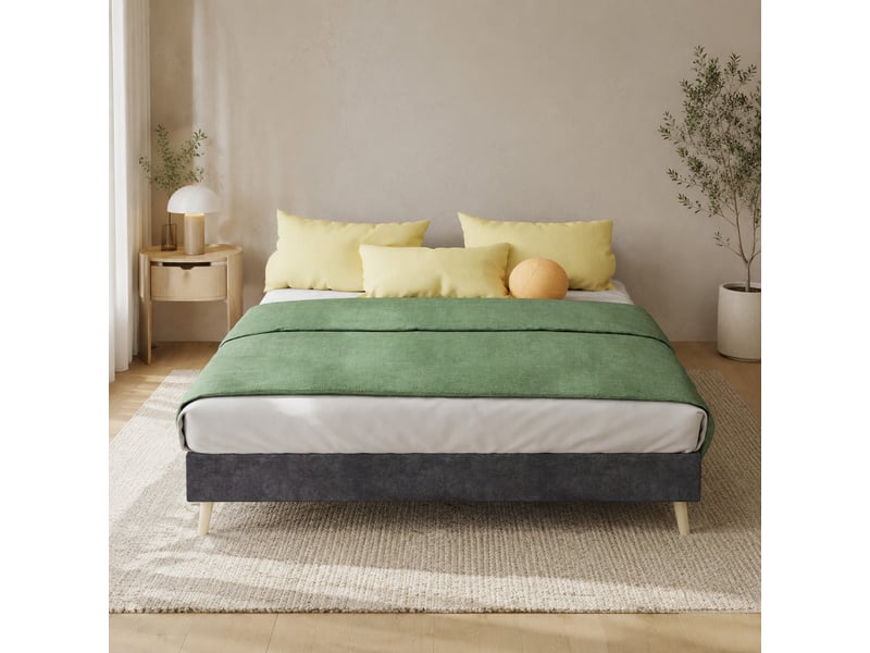  Lit adulte 140 × 200 cm 2 places, sans matelas, en velours gris, structure basse stable et montage facile  - Conforama B