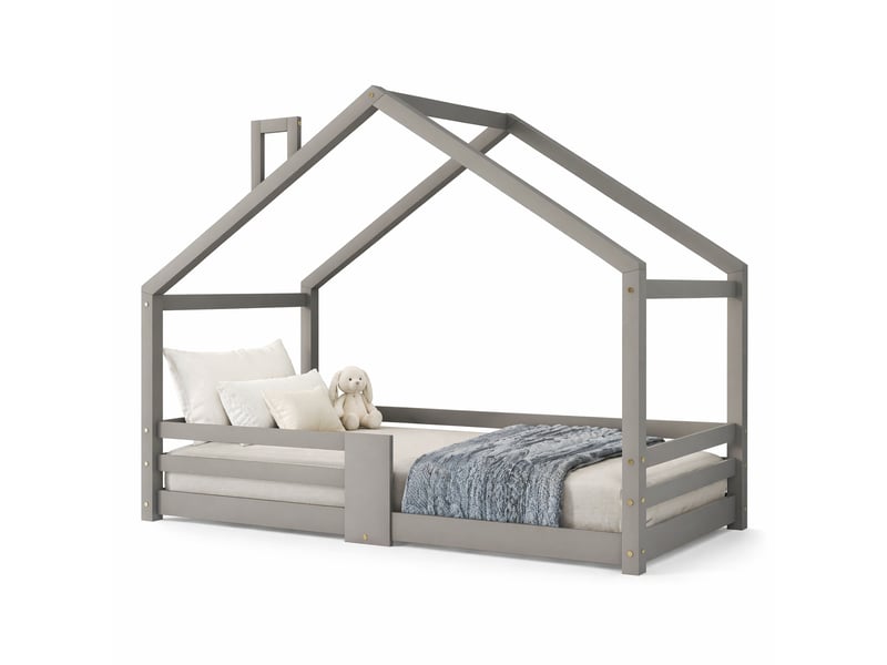  Lit cabane enfant 90x200 cm gris en bois avec barrières de sécurité  - Conforama A