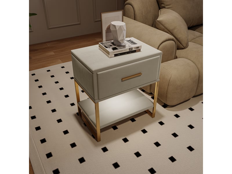 Lot de 2 tables de chevet en velours beige - 40x31x50 cm - piétement en métal doré - 1 tiroir et 1 étagère - design élégant et moderne - Conforama D