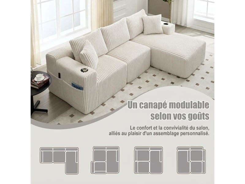 Canapé modulaire avec méridienne en velours côtelé 257x160x62 cm - 5 coussins et porte-gobelets - Conforama R