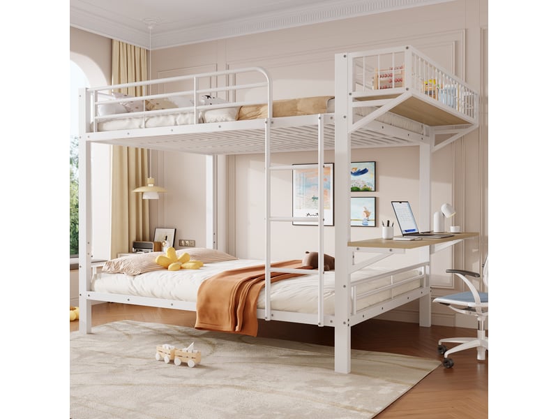  Lit superposé enfant 140 x 200 cm en métal avec bureau 70 cm, niche ouverte, échelle et barrières de sécurité, blanc  - Conforama E