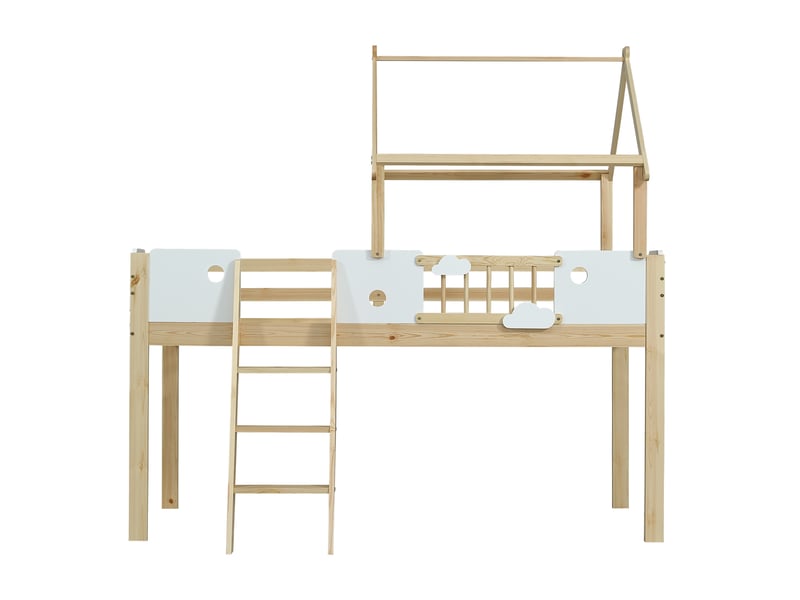  Lit mezzanine enfant avec barrière de sécurité et protection antichute, toit au design unique, échelle inclinée à trois marches, structure en pin, mdf et contreplaqué, blanc et naturel, 90 x 200 cm  - Conforama D