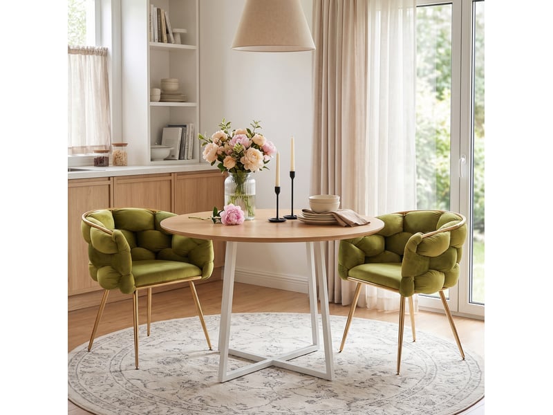  Fauteuil d'appoint moderne avec accoudoirs et dossier mi-haut pour coiffeuse ou salon, en velours et métal olive  - Conforama E