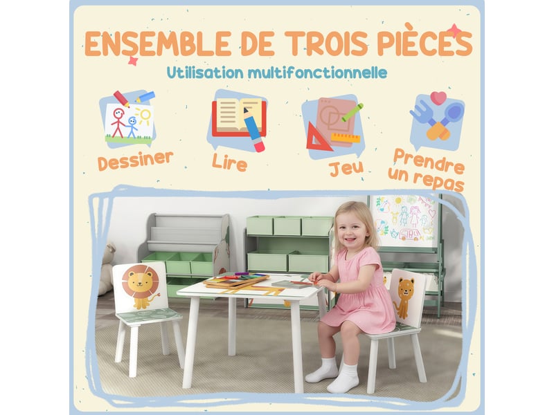 Table enfant avec chaise, ensemble table et 2 chaises enfant en bois, motifs animaux, 60 x 60 x 44 cm, vert - Conforama E